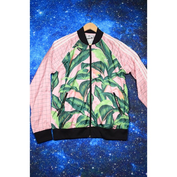 Adidas Originals Track Jacket Womens Large Pink Green SST Farm Rio Tropical - Picture 1 of 8